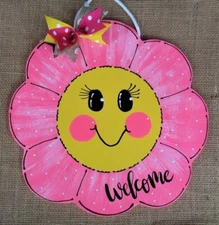 WELCOME Hot Pink Flower SIGN Wall Art Door Hanger Plaque  Smiley Face