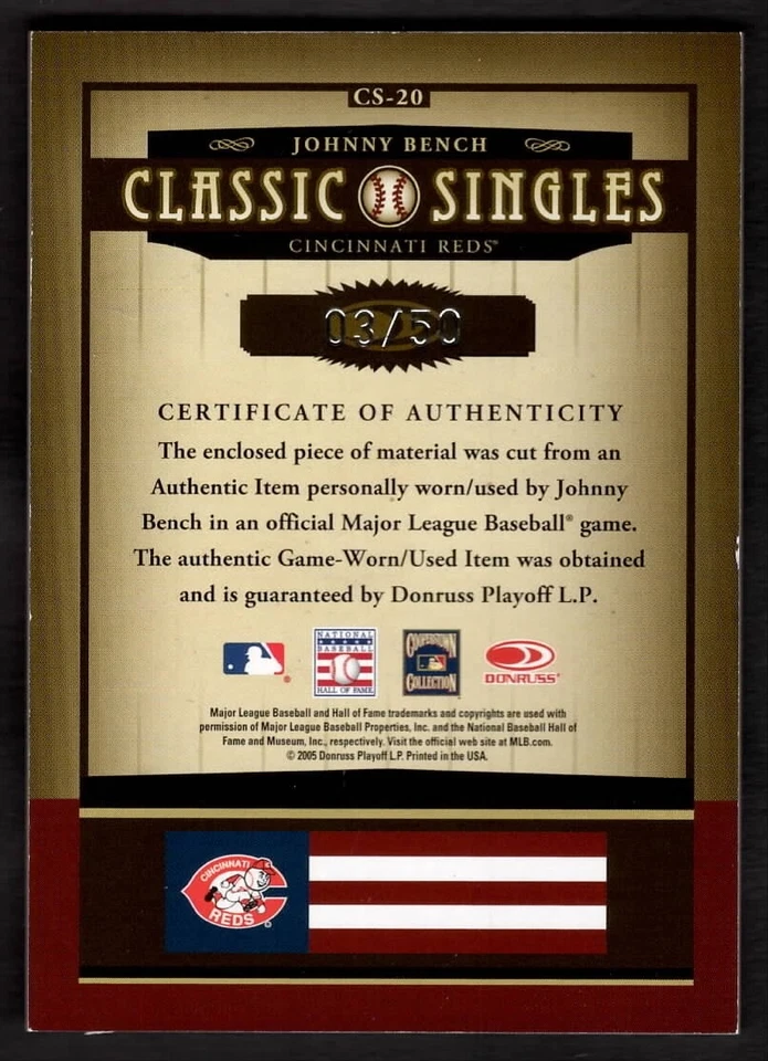 2005 Johnny Bench Donruss Classics Baseball Singles GW Jersey /50 Reds CS-20 - Image 2 of 2