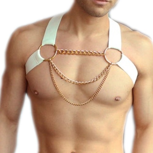 Men Sexy Nylon Chest Strap Punk Body Harness Gay Suspender Belt w Chain Costume - Picture 3 of 20