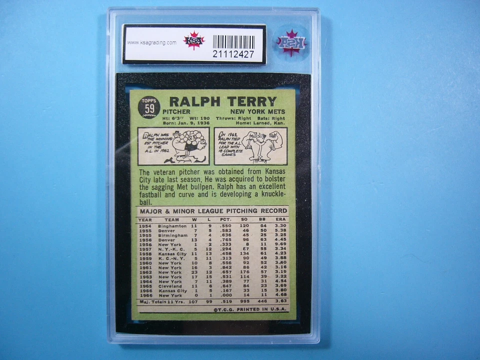 1967 TOPPS MLB BASEBALL CARD #59 RALPH TERRY KSA 9 MINT '67 TOPPS GL - Image 2 of 2