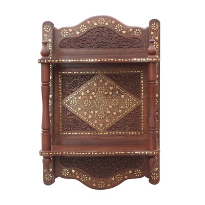 Indische Wand 2 Regalträger aus Holz Handarbeit mit Blumengravur & Messingintarsien