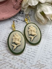 Bright Gold Green Mermaid Sea Life Birthday gift Beach Earrings Cameo Festival