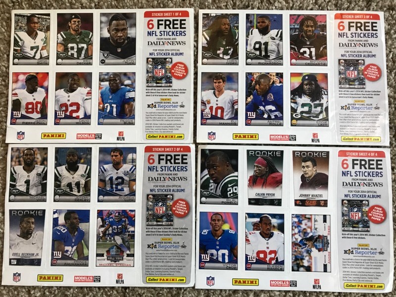 2014 Panini Daily News NFL Football Collection Stickers lot of 24 sheets 1-4