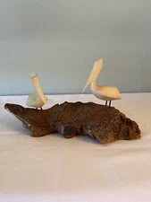 John Perry Mid Century Sculpture of 2 Pelicans on Burlwood, Nautical