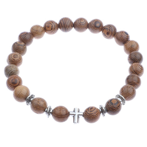 Fashion Cross Prayer Round Bead Mala Natural Wood Bracelet Gift 2 Pcs/set Bangle - Picture 9 of 10