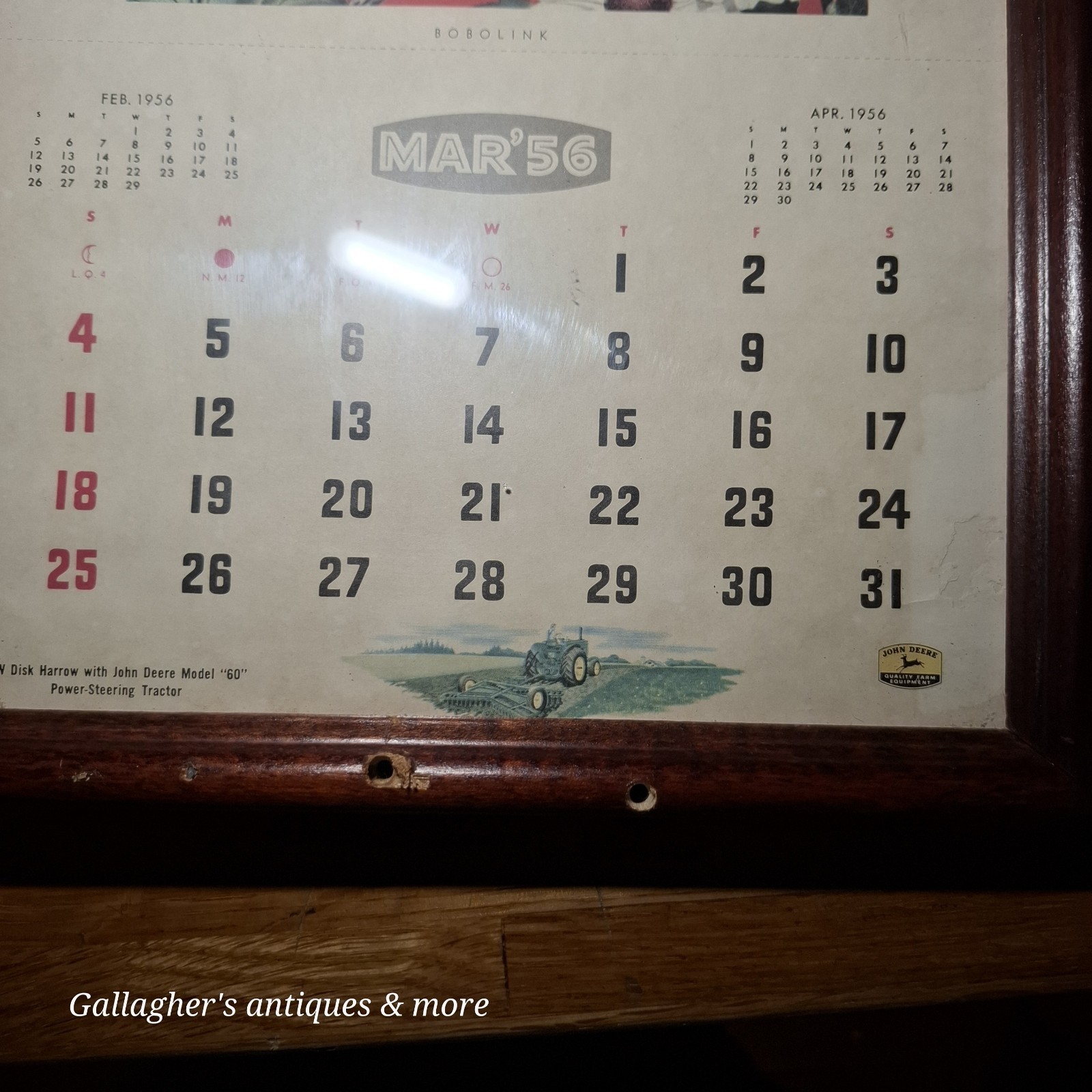 Framed Vintage 1956 JOHN DEERE Calendar Model 60 Power-Steering Tractor & Bird