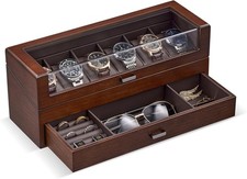 Uhrenbox Holz 6 F&auml;cher Organizer mit Schublade Glasdeckel Walnuss Aufbewahrung