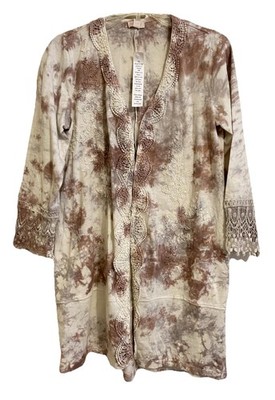 LOGO Lavish Lori Goldstein Tan Tie Dye Lace Trim Embroidered Cardigan Size XXS