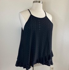 Stretchy Eyelet halter neck black tiered ruffle tank top. Women’s 4X