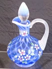 Fenton Blue Opalescent Diamond Optic Hand Painted Cruet Special Order 1990s W323