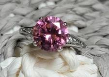 Sterling Silver 925 Pink Multi-faceted Clear Crystal in Prong Mount Sz 8.25