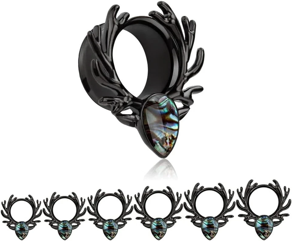 (1 Pair Black Sea-shell Forest Antlers Slivery Opal Ear Plugs Tunnels Gauges ... - Image 3 of 4