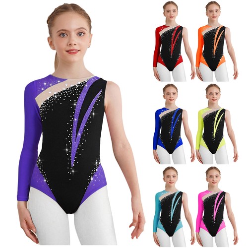 US ~ Kinder Mädchen glänzend Strass Tank Tanz Unitard Gymnastik Turnanzug Ballett  - Bild 4 von 95