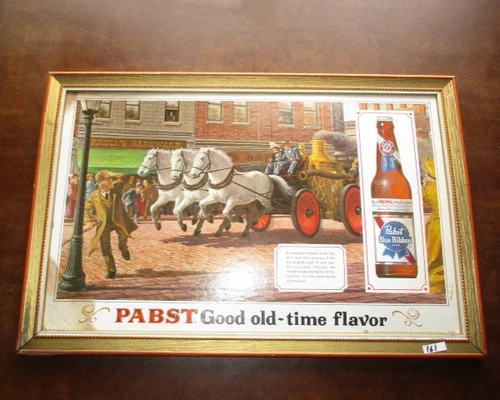 New ListingVintage Pabst Blue Ribbon Beer Bar Sign "Good Old-Time Flavor" Horse & Firetruck