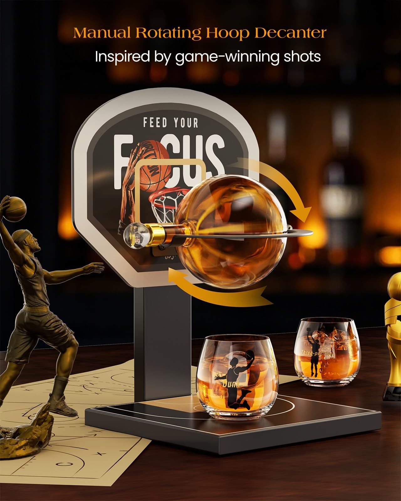 Kollea Basketball Whiskey Decanter Set with Black Court Stand & 2 Glasses, St...