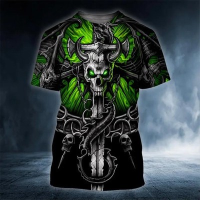 Green Eyes Ox Horn Skull 3D T-Shirt Gothic Graphic Novelty Biker Gift for Men