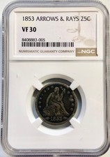1853 Arrows and Rays Seated Liberty Quarter Dollar NGC VF 30 A True Classic!