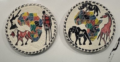 Hand Painted African Wall Plates Set Safari Animals Africa Map Decor Pair