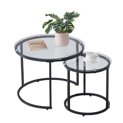 Uimoso Set of 2 Nesting Coffee Table Glass Round Side End Tables w/ Metal Legs