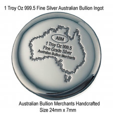 Silver 999.5 Ingot Round 1 Oz Australian Certified Fine Bullion Handcrafted 93.94 per troy oz