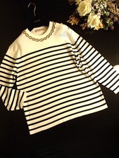 VALENTINO Cotton Knit Beaded Embroidery Top M White Navy Stripe