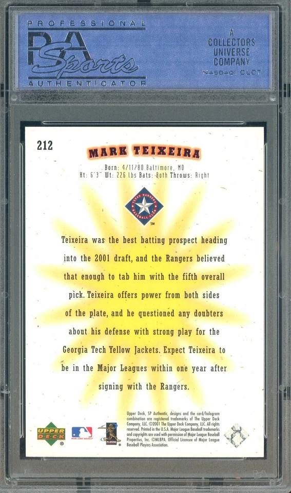 2001 SP Authentic #212 Mark Teixeira Texas Rangers RC Rookie 547/1500 PSA 10 - Image 2 of 2