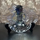 Vintage Clear Carnival Oyster Shell Iridescent Art Glass Bowl Dish 8”
