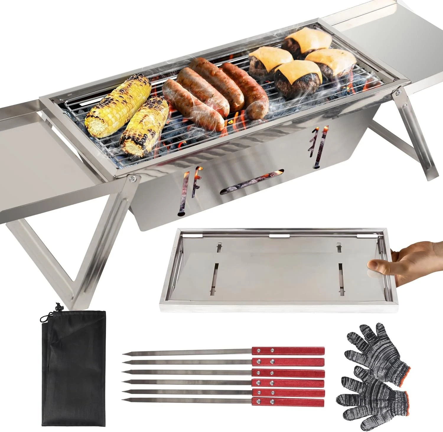 FoldNGo Portable Charcoal Grill W/ 6 Skewers Stainless Steel Foldaway Grill