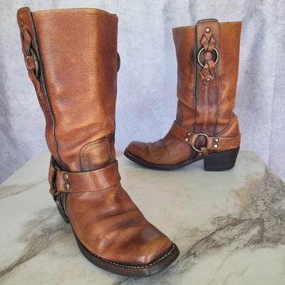 Rare Frye Double Harness Square To Biker Boots Brown Tan Size 9 B Women's