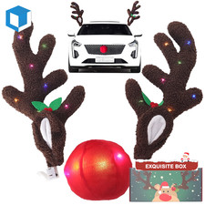 Christmas Reindeer Antlers Red Nose w/LED Lights for Car Truck SUV Decor Gift
