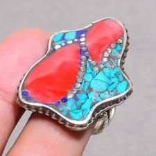 Red Coral Tibetan Turquoise Handmade Boho Nepali Jewelry Adjustable Ring SR 3426