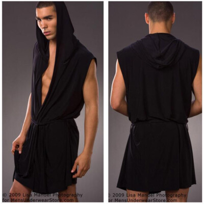 Herren Morgenmantel mit Kapuze Set Eis Seide Kimono Bademantel & Slip Lounge Nachtwäsche UK