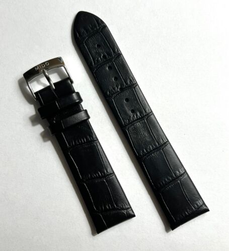 Original MIDO Baroncelli 20mm Black Leather Watch Band Strap with Silver Buckle - Picture 1 of 2