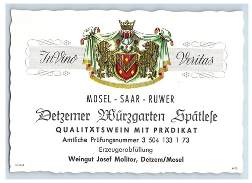 1960's-80's Detgemer Wuregarten Spatlefe German Wine Label S69E