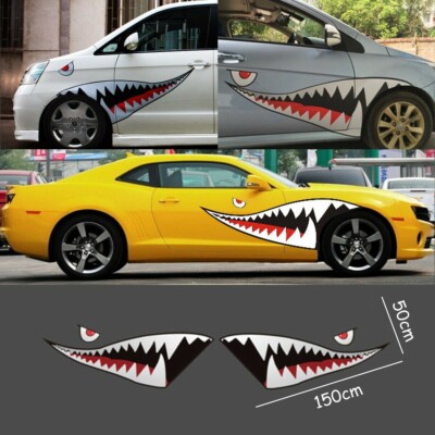 2pc 59'' Shark Mouth Tooth Stickers Vinyl Exterior Decal For Car Side Door Fender