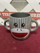 Galerie DOUBLE Handled GRAY SOCK MONKEY Ceramic Coffee Tea Cocoa Mug Cup 16 oz