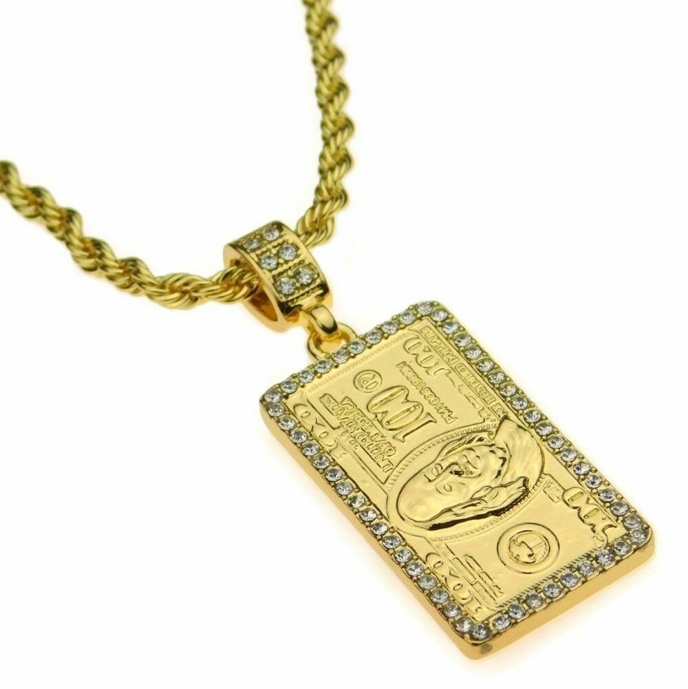 Iced Gold Plated 100 Dollar Bill Pendant & 24