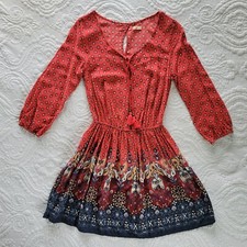 Hollister Floral 3/4 Sleeve Red & Navy Print Boho Dress W/ Elastic Waist, Small