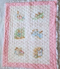 Vintage Peter Rabit Pre-Quilted Crib Baby Blanet Pink w/Ruffle Handmade 42"x34"