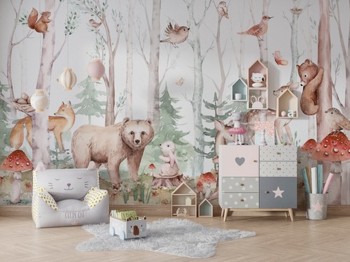 Wall mural Kids Wallpaper Mountain Nursery Woodland Animals Forest Pine Tree - Picture 6 of 8
