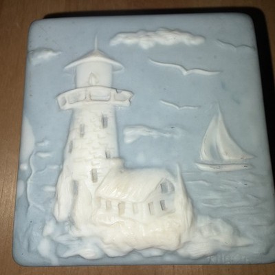 Robert Nemith Blue Incolay Trinket Vintage 1984 Lighthouse Sailboat Seascape