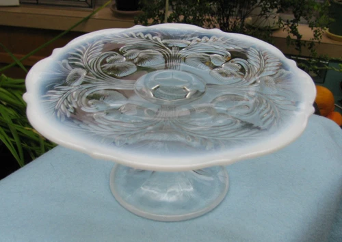 Vintage Mosser Glass Inverted Thistle Cake Stand Clear with Milk Glass Edge