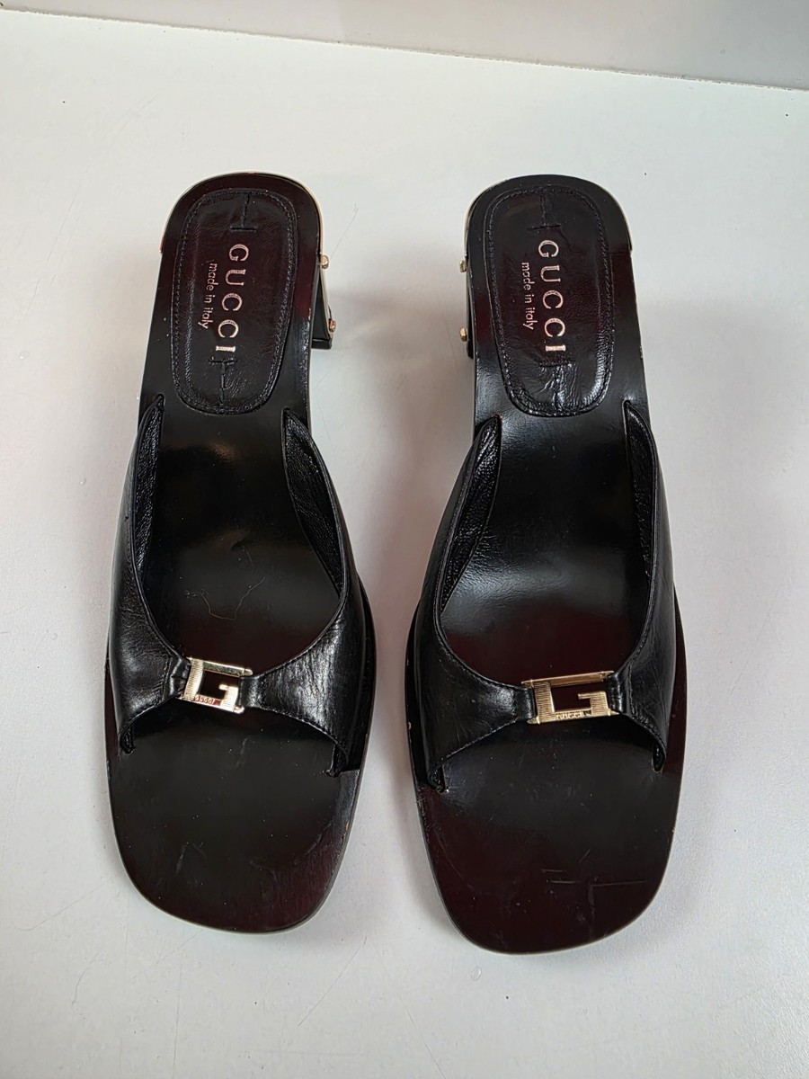 Vintage 90s GUCCI Tom Ford Slide Heels - Logo Buckle - Block