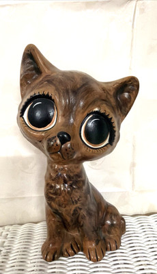 Vintage Ceramic MCM Big Eyed Keane Style Sad Pity Kitty Cat 7.5 
