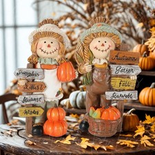 Fall Harvest Scarecrow Couple Figurine Statues Thanksgiving Autumn Table Decor