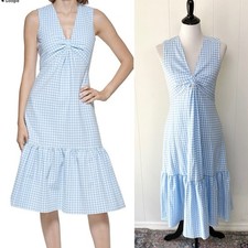 Calvin Kleins sleeveless dress with side pleated ruffle Sz 4 Blue White Gingham