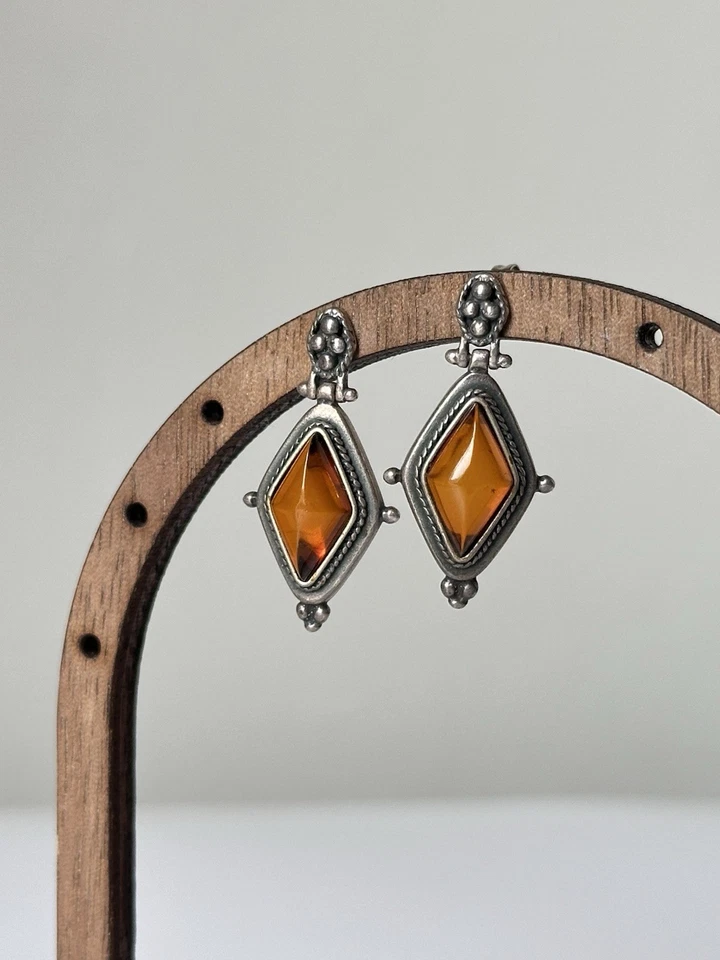 Pendientes colgantes de plata esterlina ámbar de colección con forma de diamante 925 Foto 2 de 4