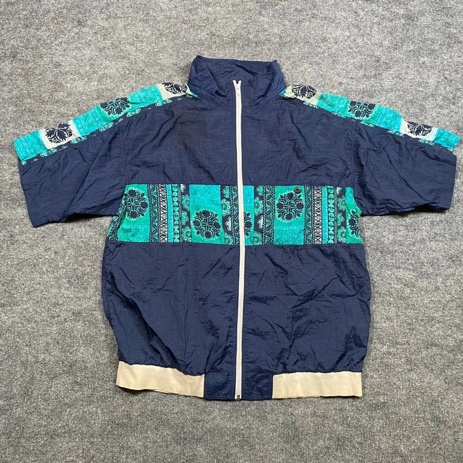 Fresh Peaches Vintage 90s Windbreaker Jacket Navy Teal Paisley Mens Large USA