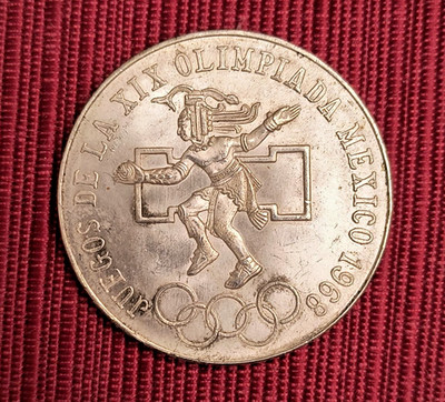 1968 Mexico 25 Pesos Olympic Ley 0.720 Fine Silver Coin - AU Condition