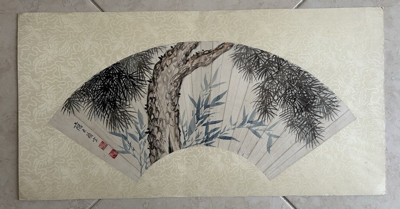 Antique Chinese Fan Painting On Paper With Pine Tree And Bamboo
